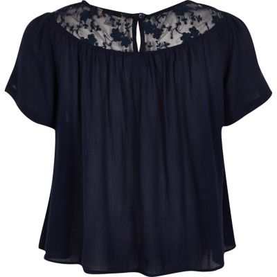 Girls navy embroidered smock top